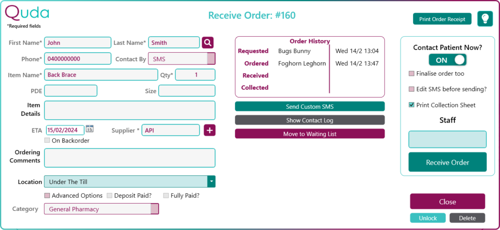 The Order Page - Pharmacy Halo