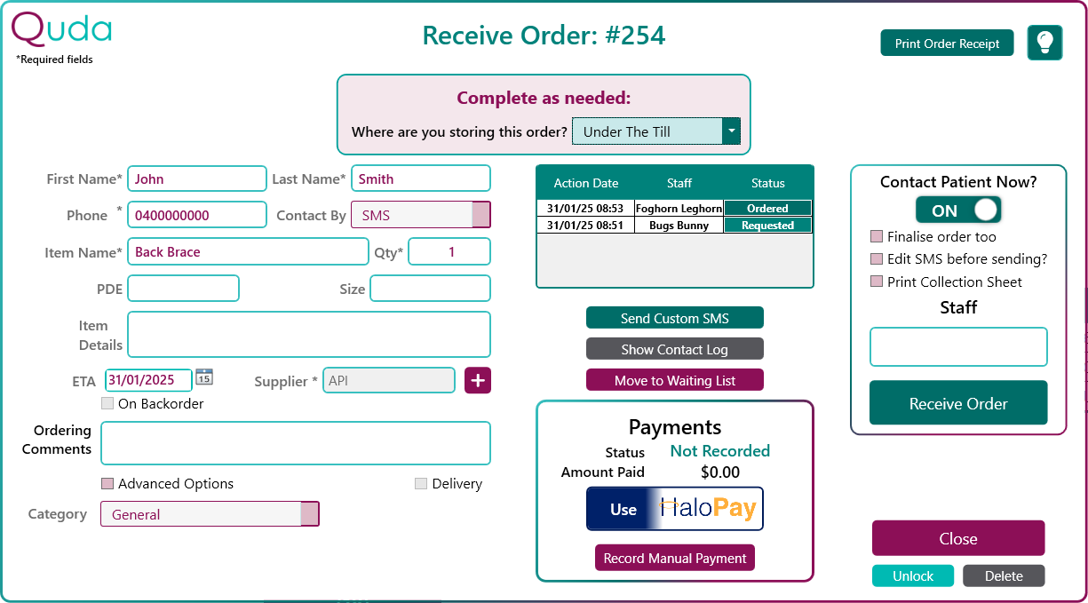 The Order Page - Pharmacy Halo